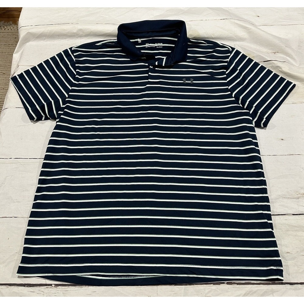 Men's Under Armour‎ Heat Gear Loose Fit Polo Green & Blue with Stripes (XL) NICE